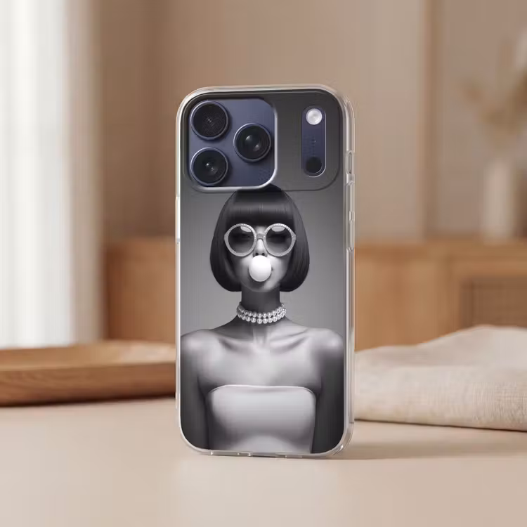 Vrouw - Zwart Wit - Ketting - Zonnebril Telefoonhoesje iPhone 17 Pro klein -sfeer2