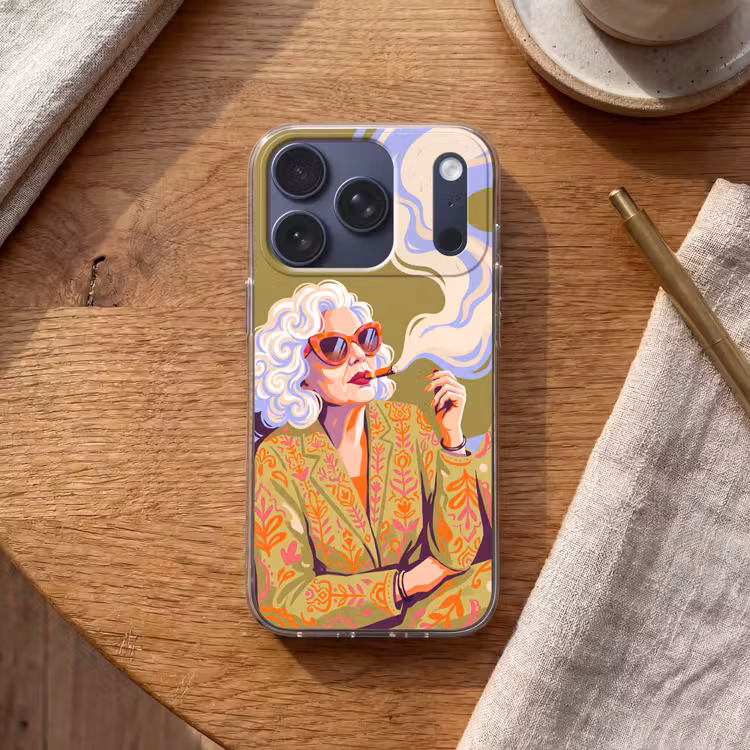 Vrouw - Zonnebril - Portret - Modern - Kleurrijk Telefoonhoesje iPhone 17 Pro klein -sfeer1