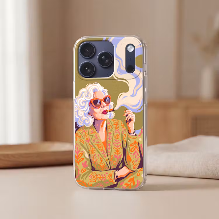 Vrouw - Zonnebril - Portret - Modern - Kleurrijk Telefoonhoesje iPhone 17 Pro klein -sfeer2