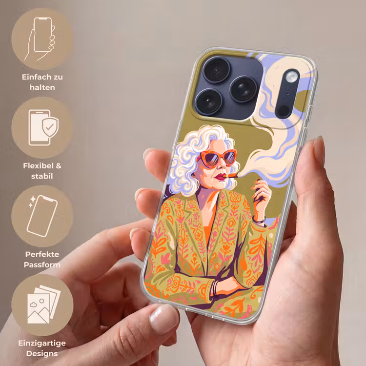 Vrouw - Zonnebril - Portret - Modern - Kleurrijk Telefoonhoesje iPhone 17 Pro klein -sfeer3_DE