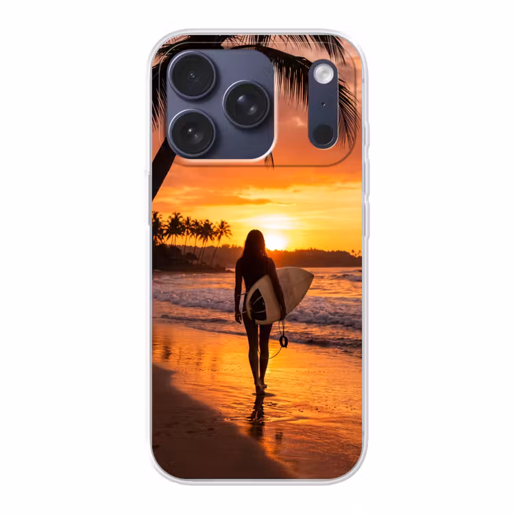 Vrouw - Surfplank - Strand - Zonsondergang - Oranje Telefoonhoesje iPhone 17 Pro klein -3d