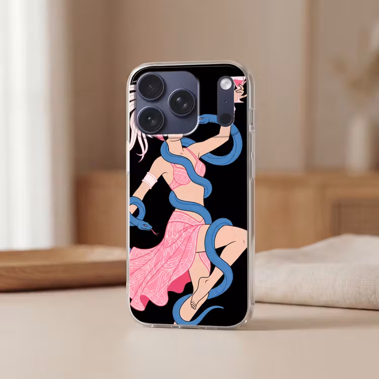 Vrouw - Danseres - Slangen - Art Deco - Roze Telefoonhoesje iPhone 17 Pro klein -sfeer2