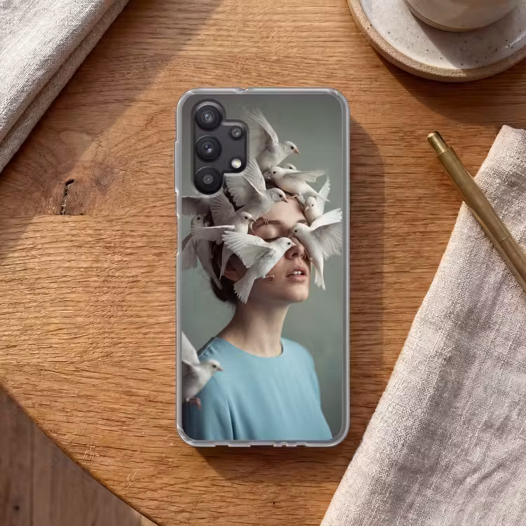 Vrouw - Vogels - Abstract - Modern - Wit Telefoonhoesje Samsung Galaxy A32 5G klein -sfeer1