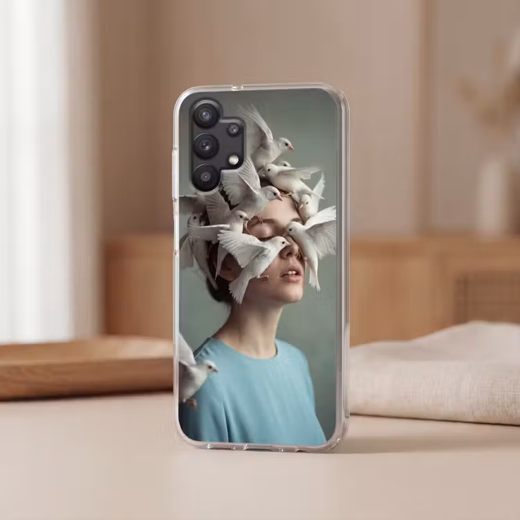 Vrouw - Vogels - Abstract - Modern - Wit Telefoonhoesje Samsung Galaxy A32 5G klein -sfeer2