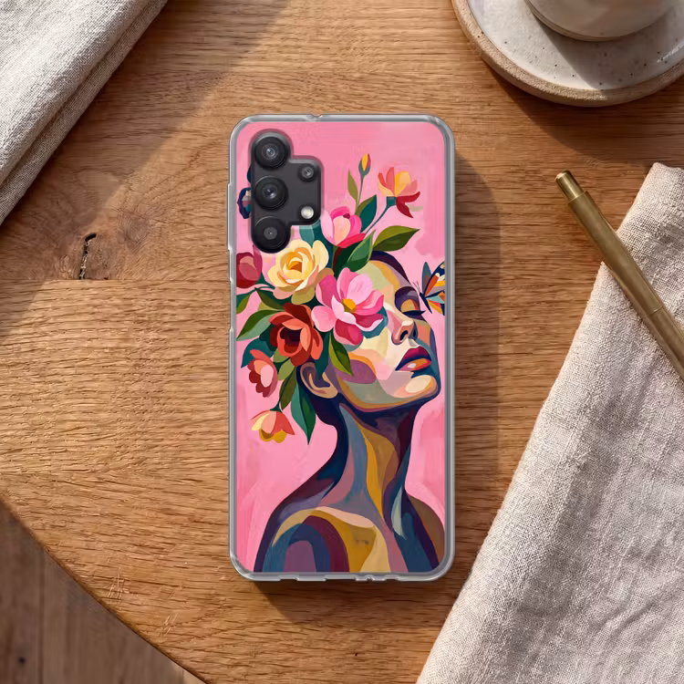 Vrouwengezicht - Vlinders - Kleurrijk Telefoonhoesje Samsung Galaxy A32 5G klein -sfeer1