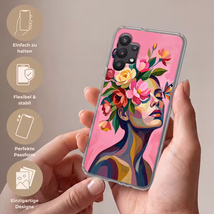 Vrouwengezicht - Vlinders - Kleurrijk Telefoonhoesje Samsung Galaxy A32 5G klein -sfeer3_DE