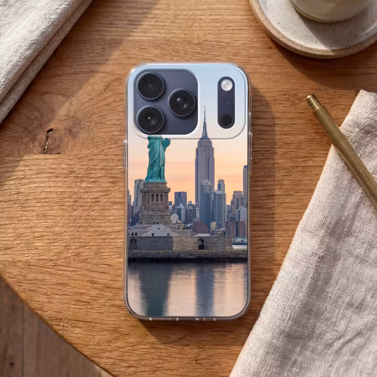 Vrijheidsbeeld - New York - Zonsopgang - Stad - Architectuur Telefoonhoesje iPhone 17 Pro klein -sfeer1