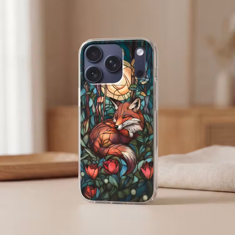Vos - Mozaïek - Bos - Maan Telefoonhoesje iPhone 17 Pro klein -sfeer2