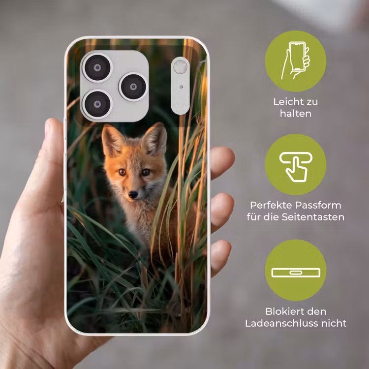 Vos - Oranje - Gras Telefoonhoesje iPhone 17 Pro klein -sfeer3_DE