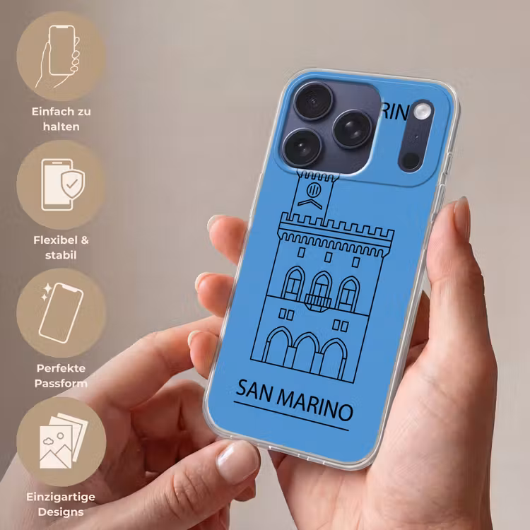 Gebouw - San Marino - Architectuur - Lijntekening - Blauw Telefoonhoesje iPhone 17 Pro klein -sfeer3_DE
