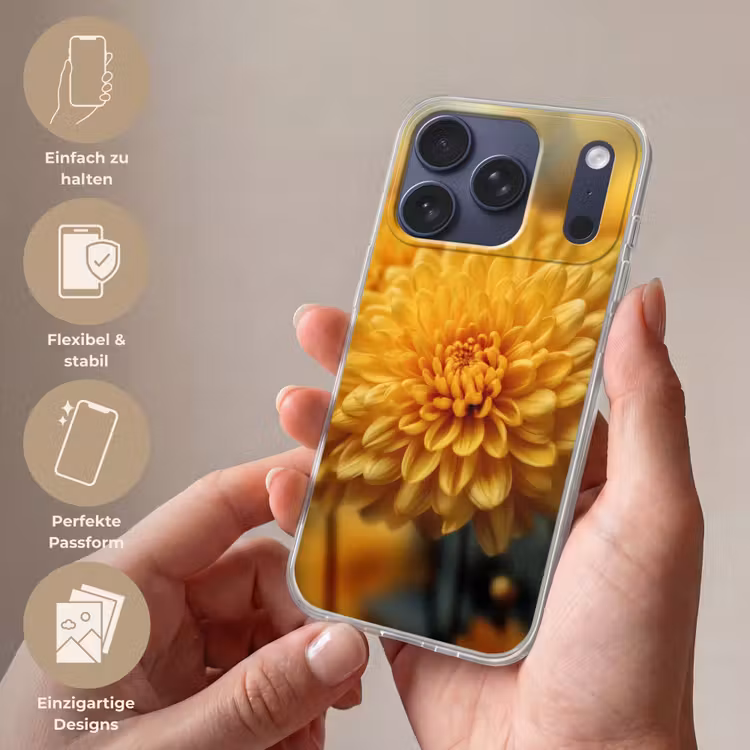 Geel - Chrysant - Zachtheid Telefoonhoesje iPhone 17 Pro klein -sfeer3_DE
