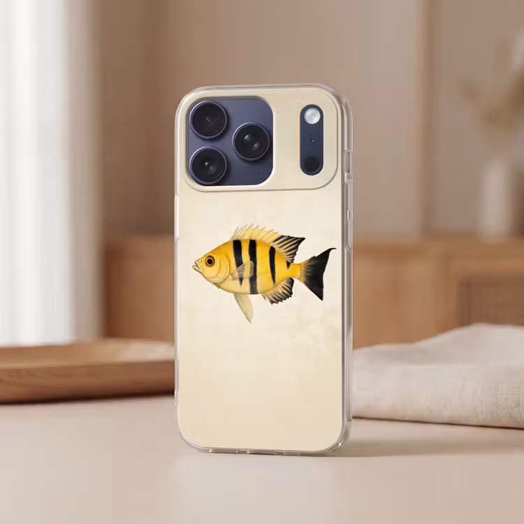 Geel - Vis - Strepen - Tropisch Telefoonhoesje iPhone 17 Pro klein -sfeer2