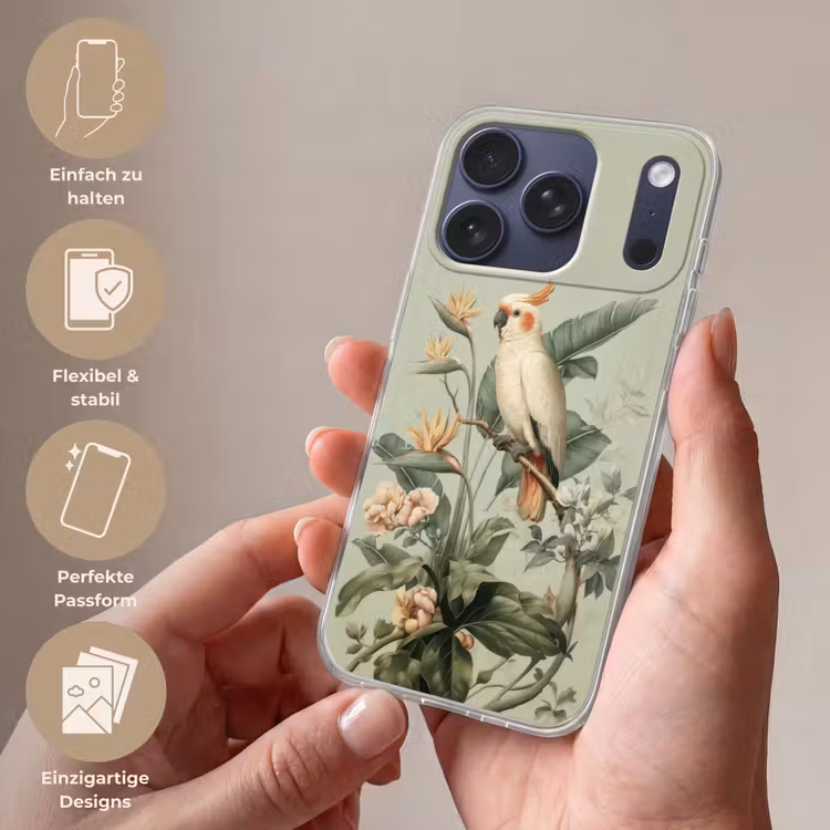 Gele kuifkaketoe - paradijsvogelbloemen - Groen Telefoonhoesje iPhone 17 Pro klein -sfeer3_DE