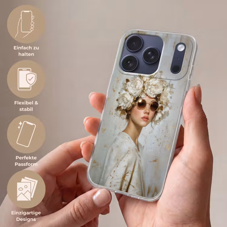Schilderij - Vrouw - Zonnebril - Bloemenkrans Telefoonhoesje iPhone 17 Pro klein -sfeer3_DE