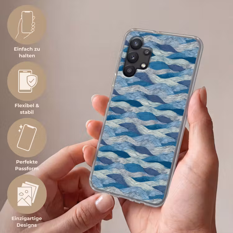 Getekend - Blauw - Wit - Golvend - Streepjes Telefoonhoesje Samsung Galaxy A32 5G klein 346 -sfeer3_DE