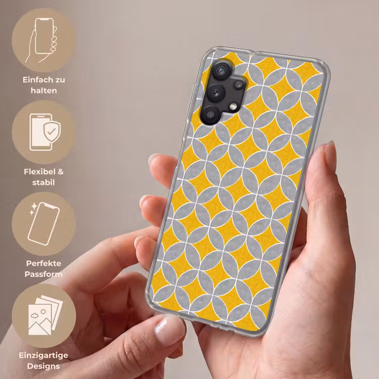 Geometrisch - Cirkels - Textuur - Grijs - Geel Telefoonhoesje Samsung Galaxy A32 5G klein 346 -sfeer3_DE