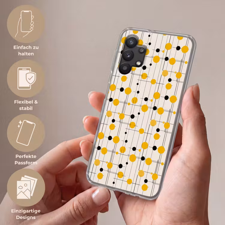 Geometrisch - Retro - Lijnen - Okergeel - Zwart Telefoonhoesje Samsung Galaxy A32 5G klein 346 -sfeer3_DE