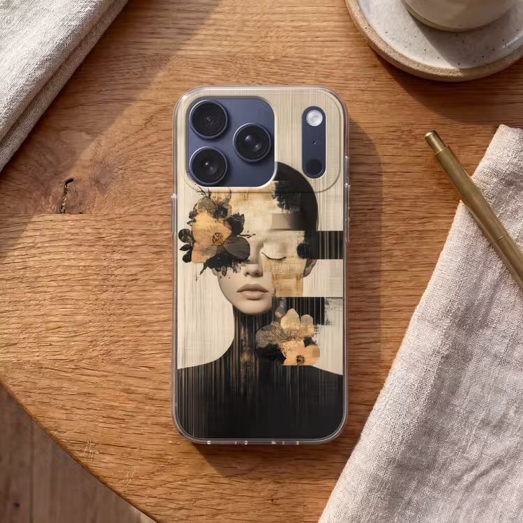 Gezicht - Bloemen - Zwart - Vrouw Telefoonhoesje iPhone 17 Pro klein -sfeer1