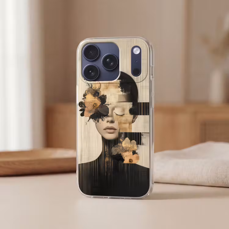 Gezicht - Bloemen - Zwart - Vrouw Telefoonhoesje iPhone 17 Pro klein -sfeer2