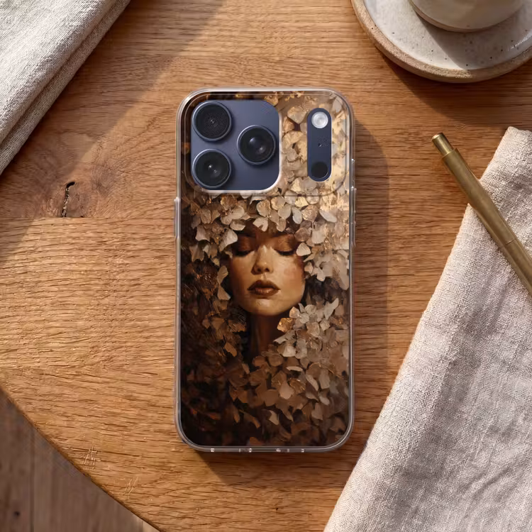 Gezicht - Vrouwe - Bladeren - Penseelstreken Telefoonhoesje iPhone 17 Pro klein -sfeer1