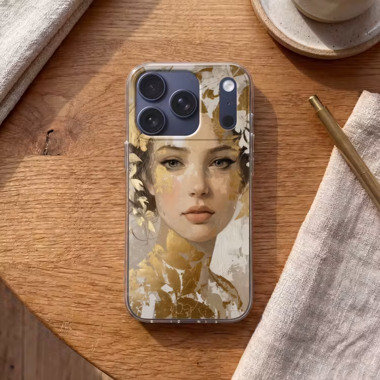 Gezicht - Vrouw - Bladeren - Goud Telefoonhoesje iPhone 17 Pro klein -sfeer1