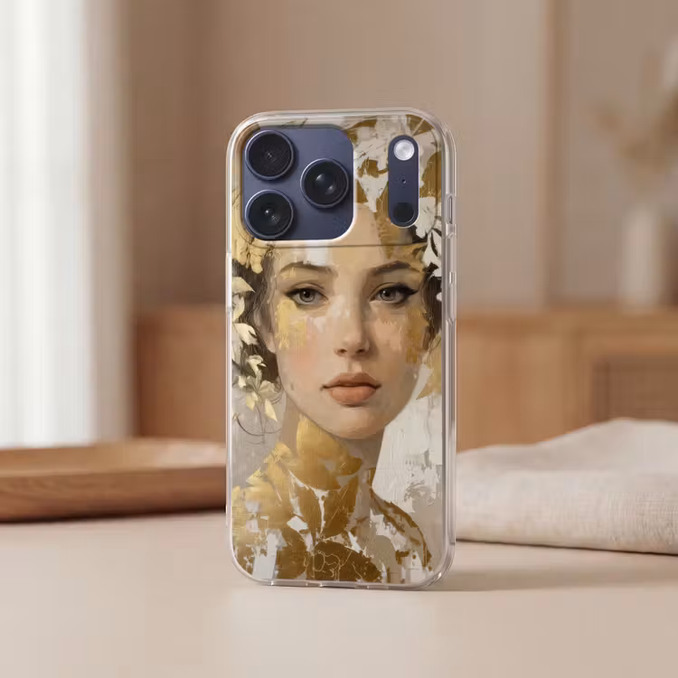 Gezicht - Vrouw - Bladeren - Goud Telefoonhoesje iPhone 17 Pro klein -sfeer2