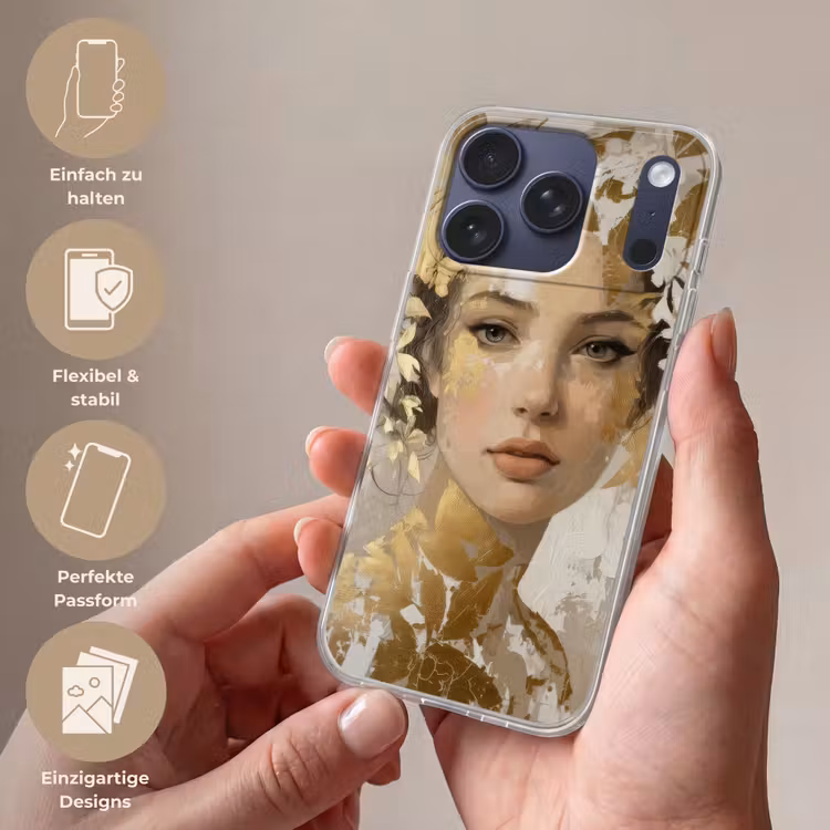 Gezicht - Vrouw - Bladeren - Goud Telefoonhoesje iPhone 17 Pro klein -sfeer3_DE