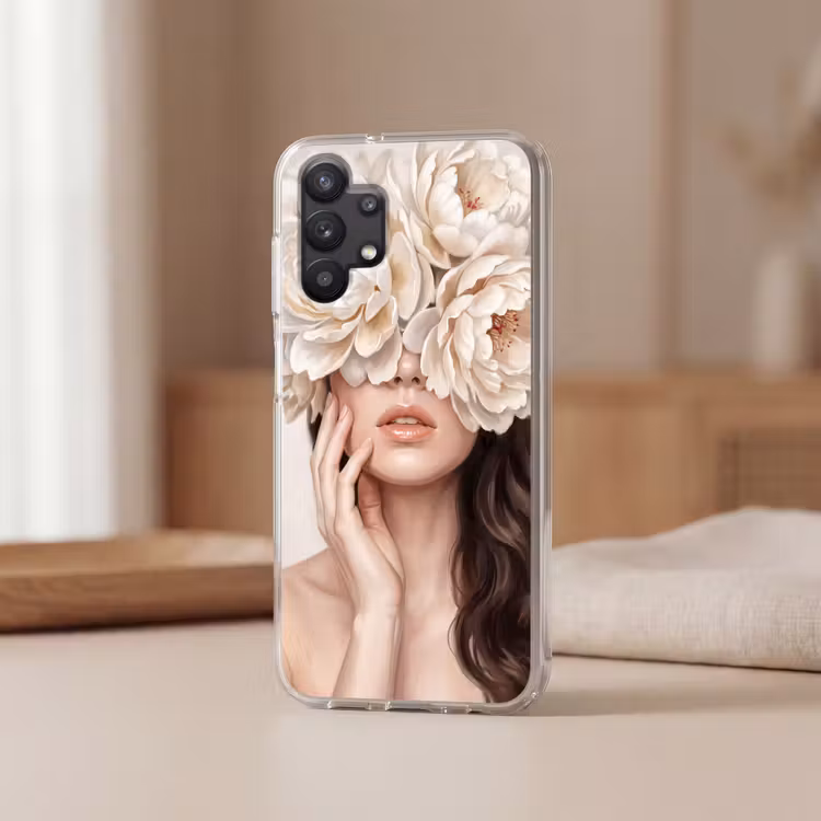 Gezicht - Pioenrozen - Crème Telefoonhoesje Samsung Galaxy A32 5G klein -sfeer2