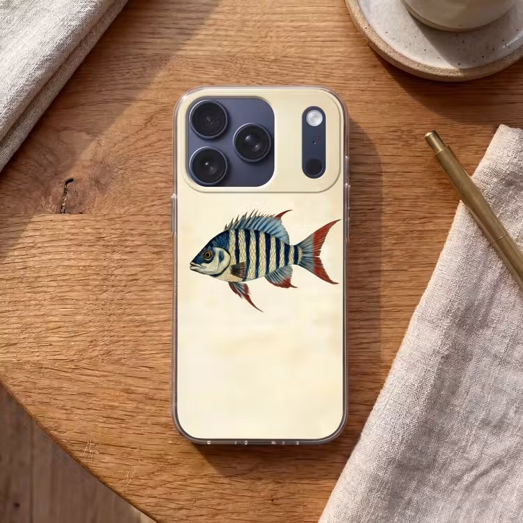Gestreept - Donkerblauw - Rugvin - Vis Telefoonhoesje iPhone 17 Pro klein -sfeer1