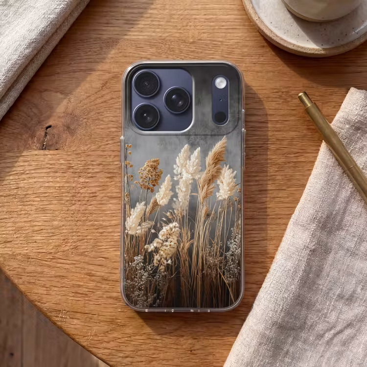 Gedroogde Veldbloemen - Grijs - Beton Telefoonhoesje iPhone 17 Pro klein -sfeer1
