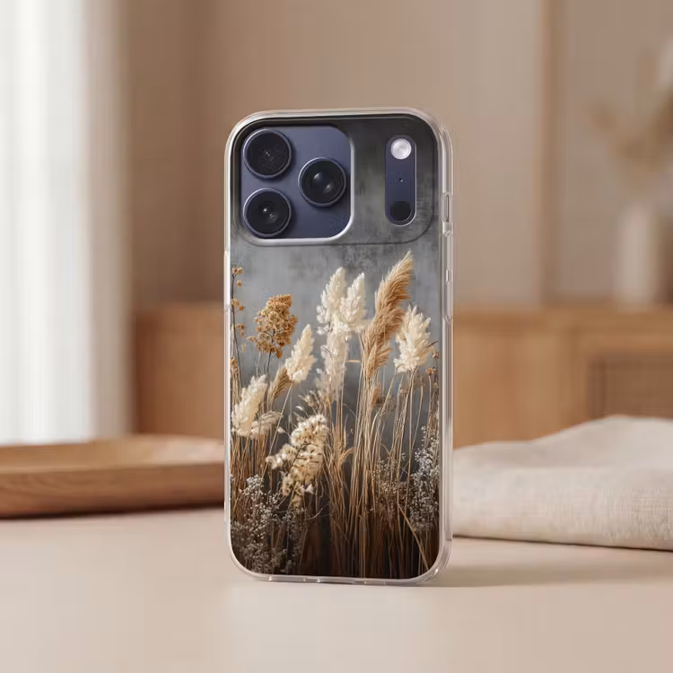 Gedroogde Veldbloemen - Grijs - Beton Telefoonhoesje iPhone 17 Pro klein -sfeer2