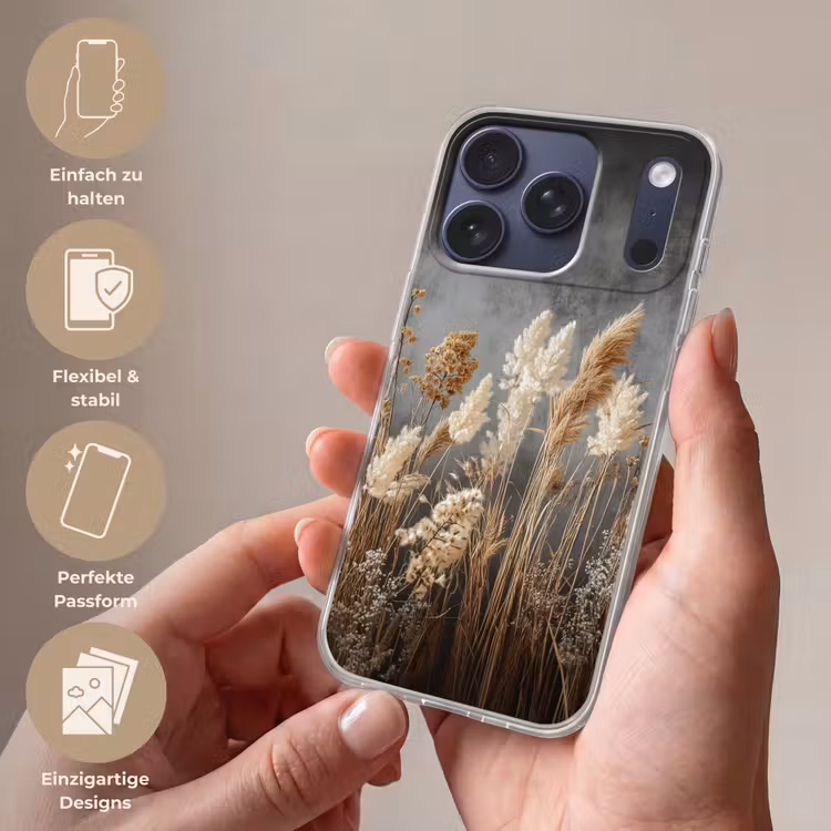 Gedroogde Veldbloemen - Grijs - Beton Telefoonhoesje iPhone 17 Pro klein -sfeer3_DE