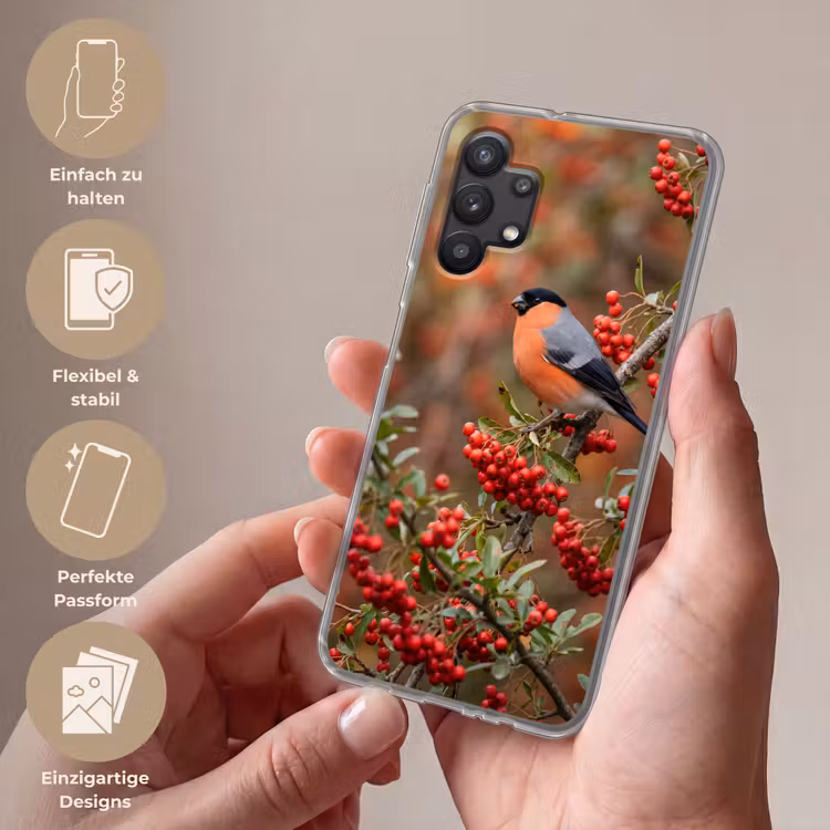 Goudvink - Bessen - Herfst - Natuur - Kleurrijk Telefoonhoesje Samsung Galaxy A32 5G klein -sfeer3_DE