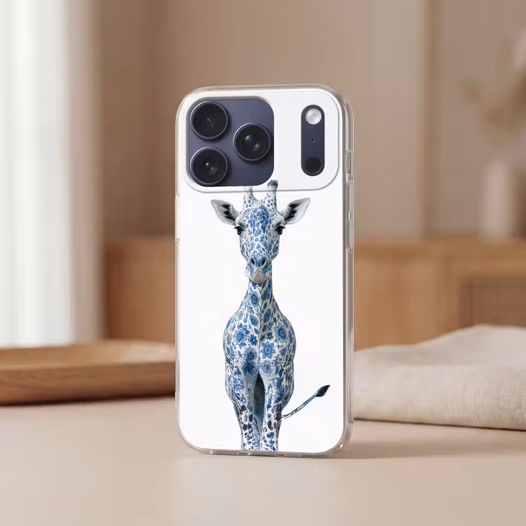 Giraffe - Delfts blauw - Dieren - Minimalistisch Telefoonhoesje iPhone 17 Pro klein -sfeer2