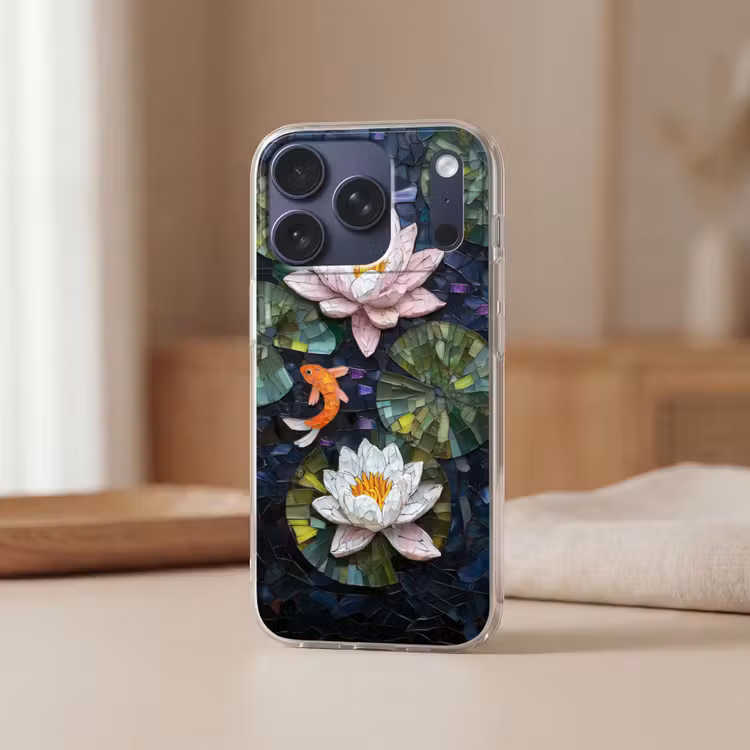 Glasstukjes - Leliebladeren - Vis - Oranje Telefoonhoesje iPhone 17 Pro klein -sfeer2