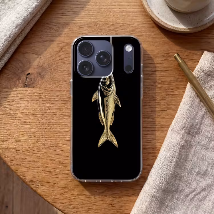 Goud - Vis - Haak - Zwart Telefoonhoesje iPhone 17 Pro klein -sfeer1