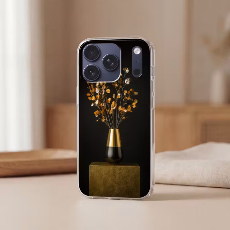 Goudbruine - Bladeren - Vaas - Herfstachtig Telefoonhoesje iPhone 17 Pro klein -sfeer2