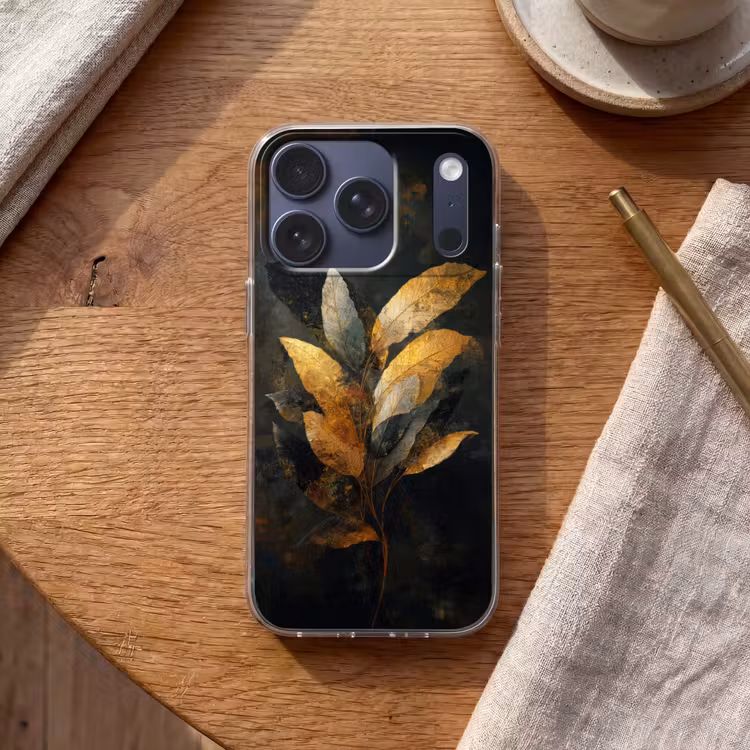 Gouden Bladcompositie – Botanische Luxe Telefoonhoesje iPhone 17 Pro klein -sfeer1