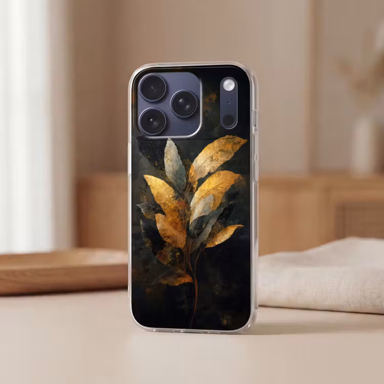 Gouden Bladcompositie – Botanische Luxe Telefoonhoesje iPhone 17 Pro klein -sfeer2