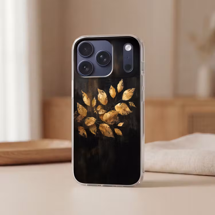 Gouden Bladeren op Donkere Achtergrond Telefoonhoesje iPhone 17 Pro klein -sfeer2