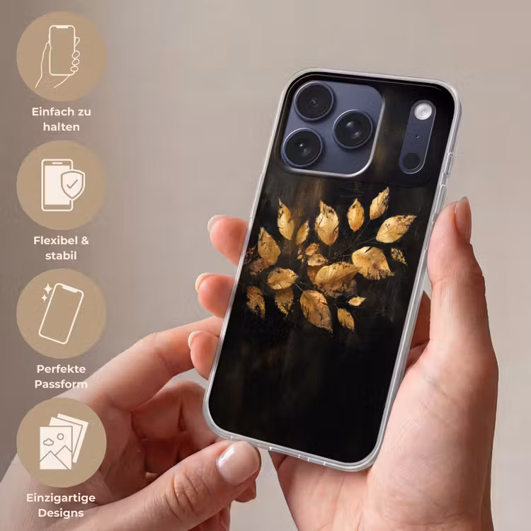 Gouden Bladeren op Donkere Achtergrond Telefoonhoesje iPhone 17 Pro klein -sfeer3_DE