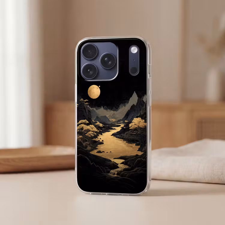 Gouden rivier - Bergen - Maan - Sterrenhemel Telefoonhoesje iPhone 17 Pro klein -sfeer2