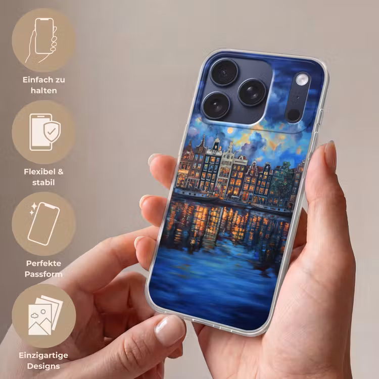 Grachten Amsterdam - Huizen - Stad - Kleurrijk Telefoonhoesje iPhone 17 Pro klein -sfeer3_DE