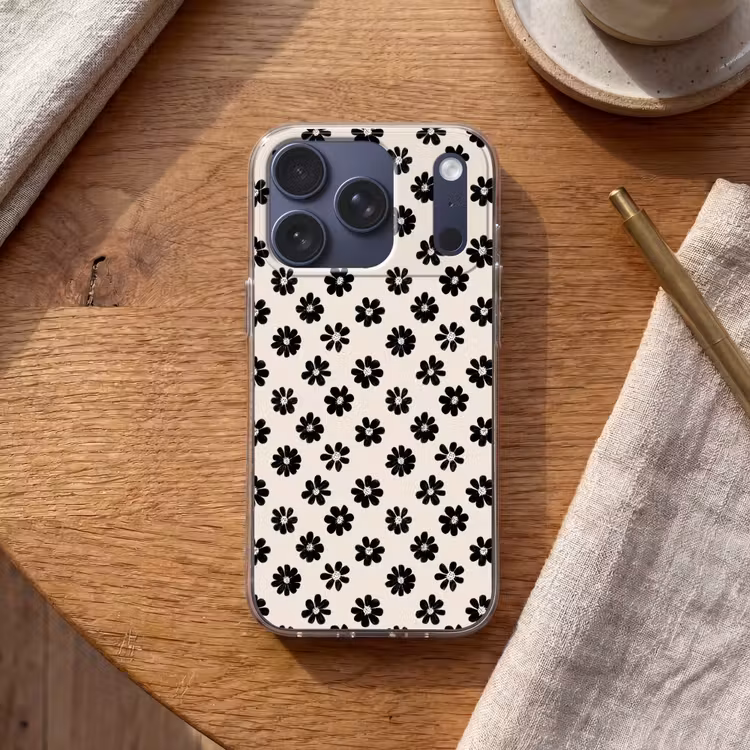 Grafisch - Madeliefjes - Zwart - Beige Telefoonhoesje iPhone 17 Pro klein 878 -sfeer1