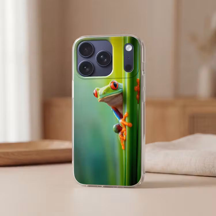 Groene kikker - Nieuwsgierig - Gras Telefoonhoesje iPhone 17 Pro klein -sfeer2