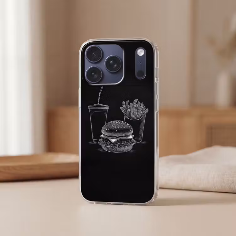 Hamburger - Friet - Frisdrank - Krijttekening Telefoonhoesje iPhone 17 Pro klein -sfeer2