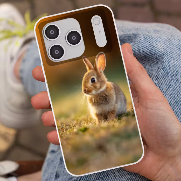 Konijntje - Bruin - Gras Telefoonhoesje iPhone 17 Pro klein -sfeer2