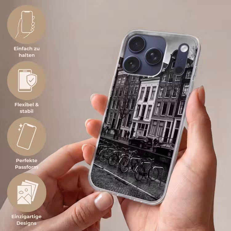 Huis - Gracht - Amsterdam - Architectuur - Zwart-wit Telefoonhoesje iPhone 17 Pro klein -sfeer3_DE