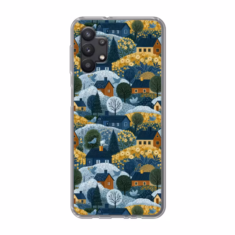 Huisjes - Bloemen - Patroon - Geel - Blauw Telefoonhoesje Samsung Galaxy A32 5G klein 346 -3d