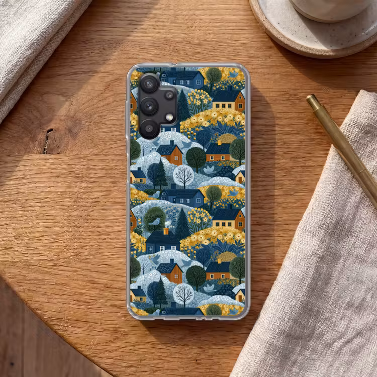 Huisjes - Bloemen - Patroon - Geel - Blauw Telefoonhoesje Samsung Galaxy A32 5G klein 346 -sfeer1